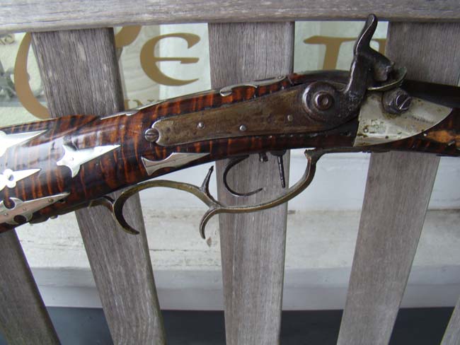 An impressive tiger-maple half-stock silver mounted percussion Frontier Rifle by William McCleland of Naffanees, Indiana, circa 1860-1862. — image 4